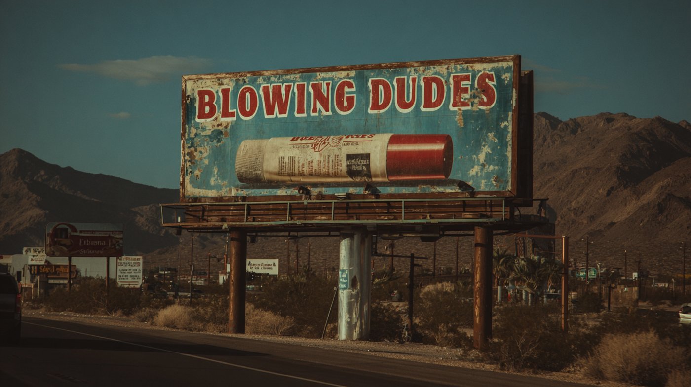 Weathered roadside Blowing Dudes billboard in the desert