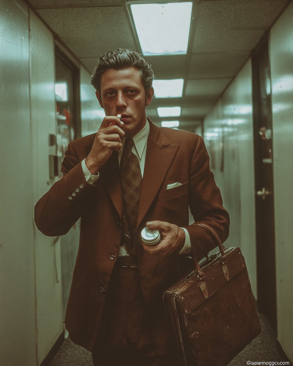 Businessman applying lip balm in an office hallway