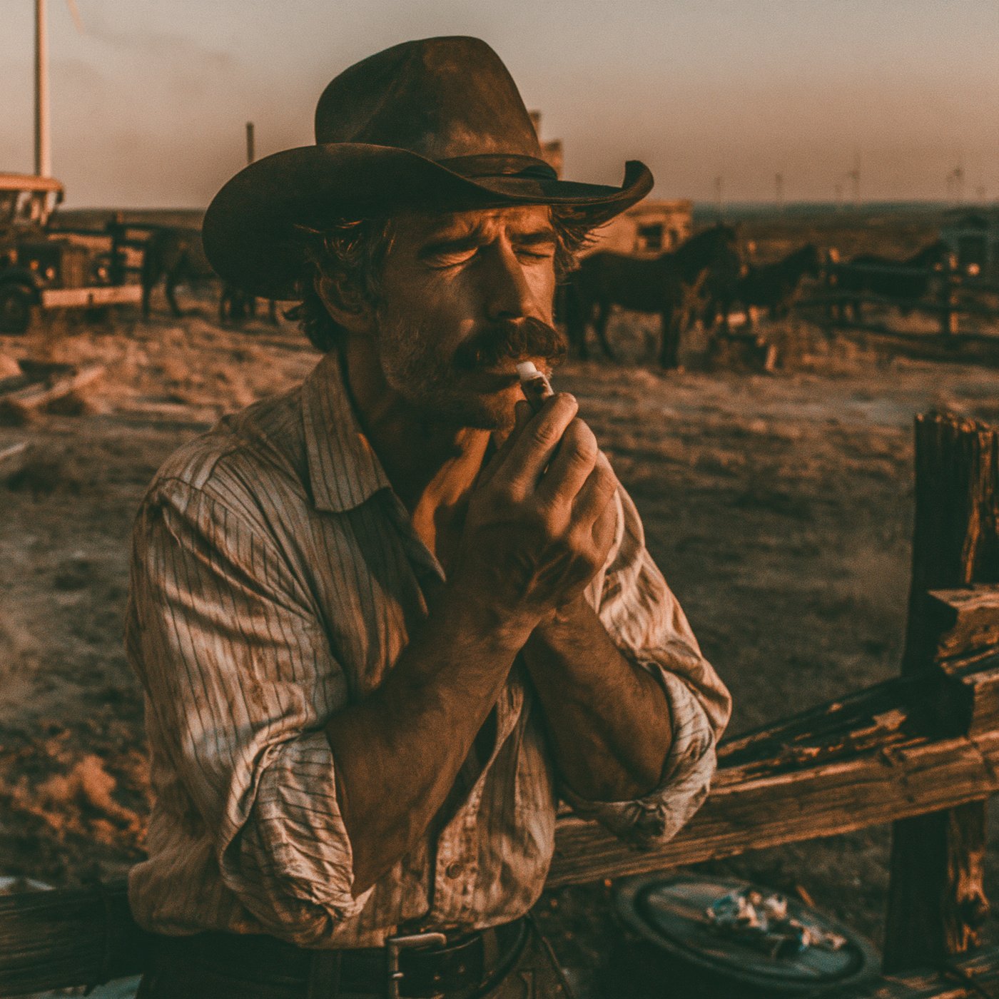Cowboy applying lip balm at golden hour