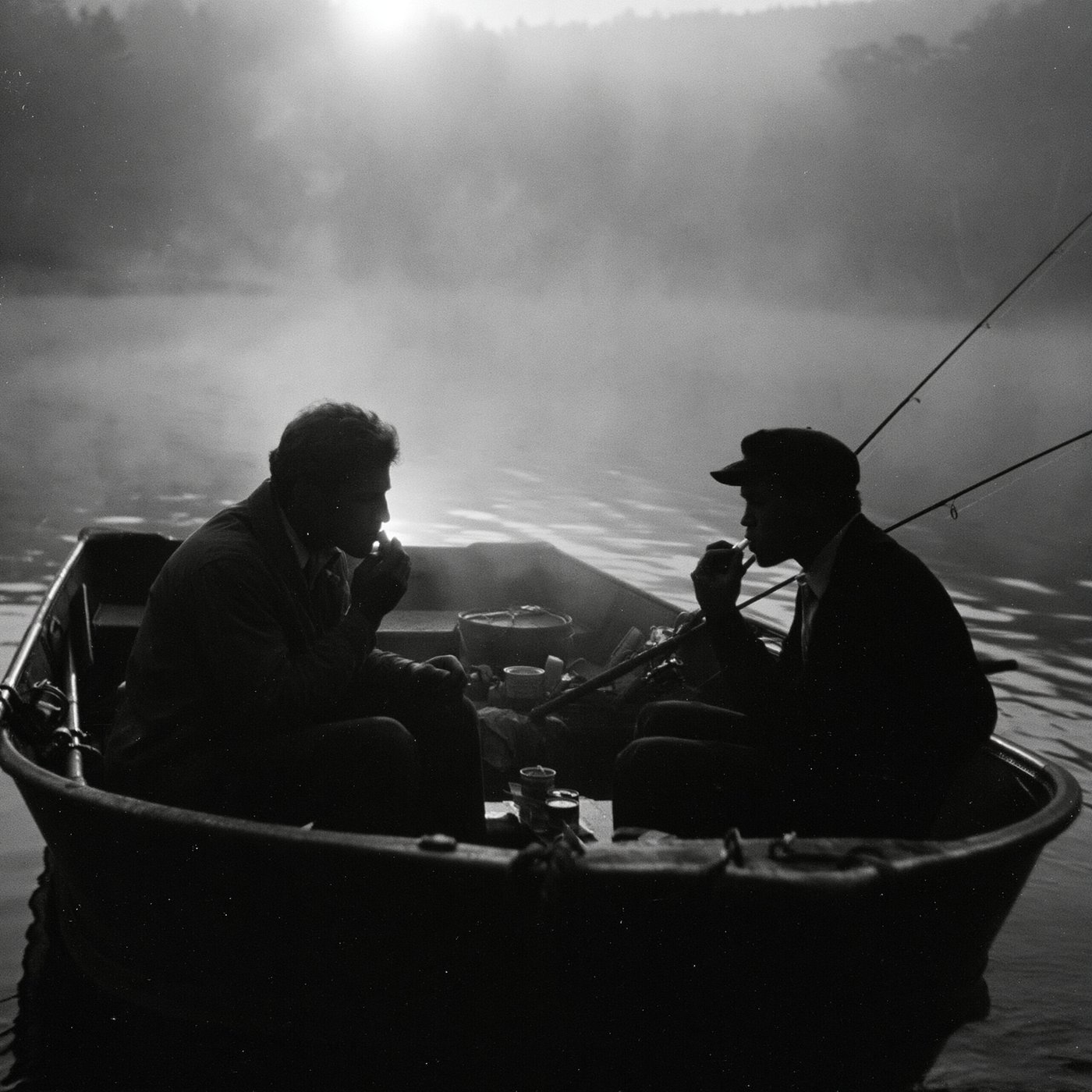Two guys applying lip balm on a fishing boat at dawn