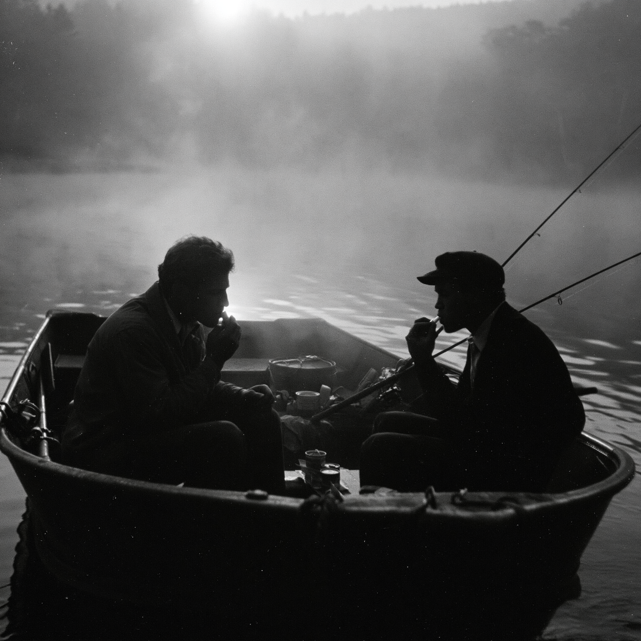 Two guys applying lip balm on a fishing boat at dawn