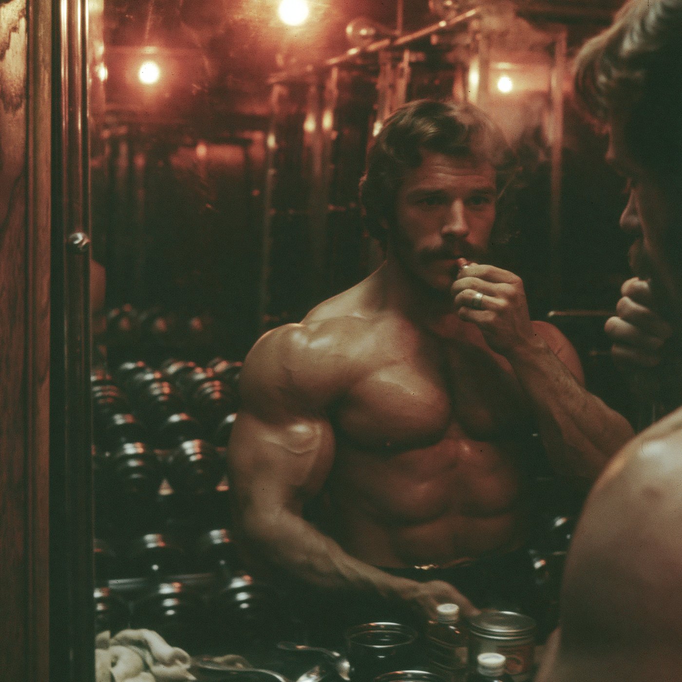 Man applying lip balm in a 70s gym mirror