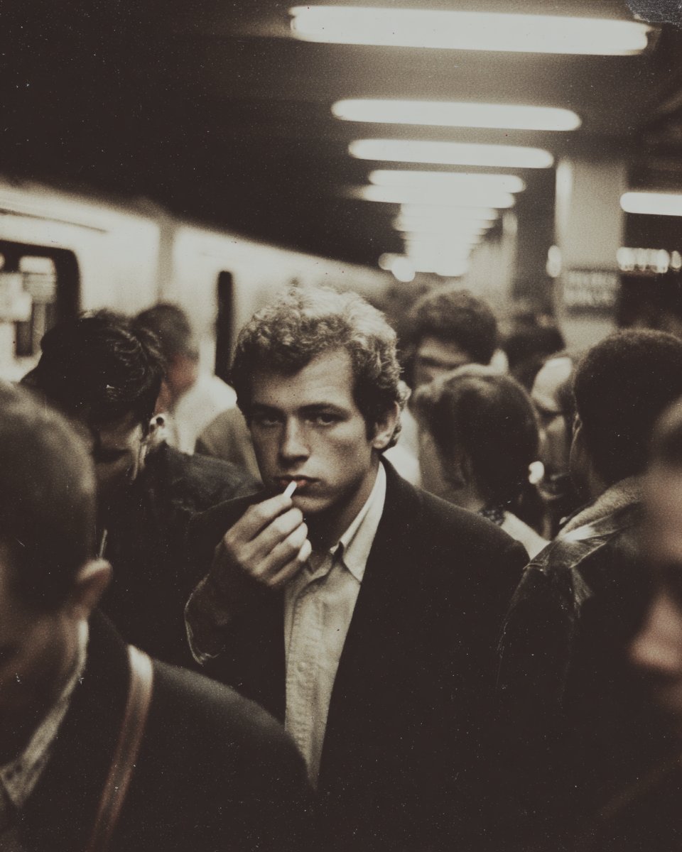 Man applying lip balm on a crowded subway platform