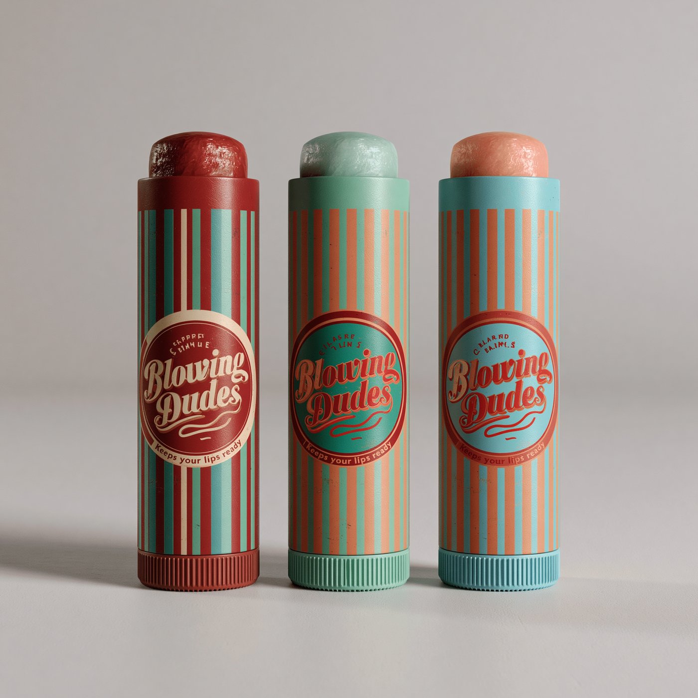 Three Blowing Dudes lip balm tubes in Cherry, Mint and Dude