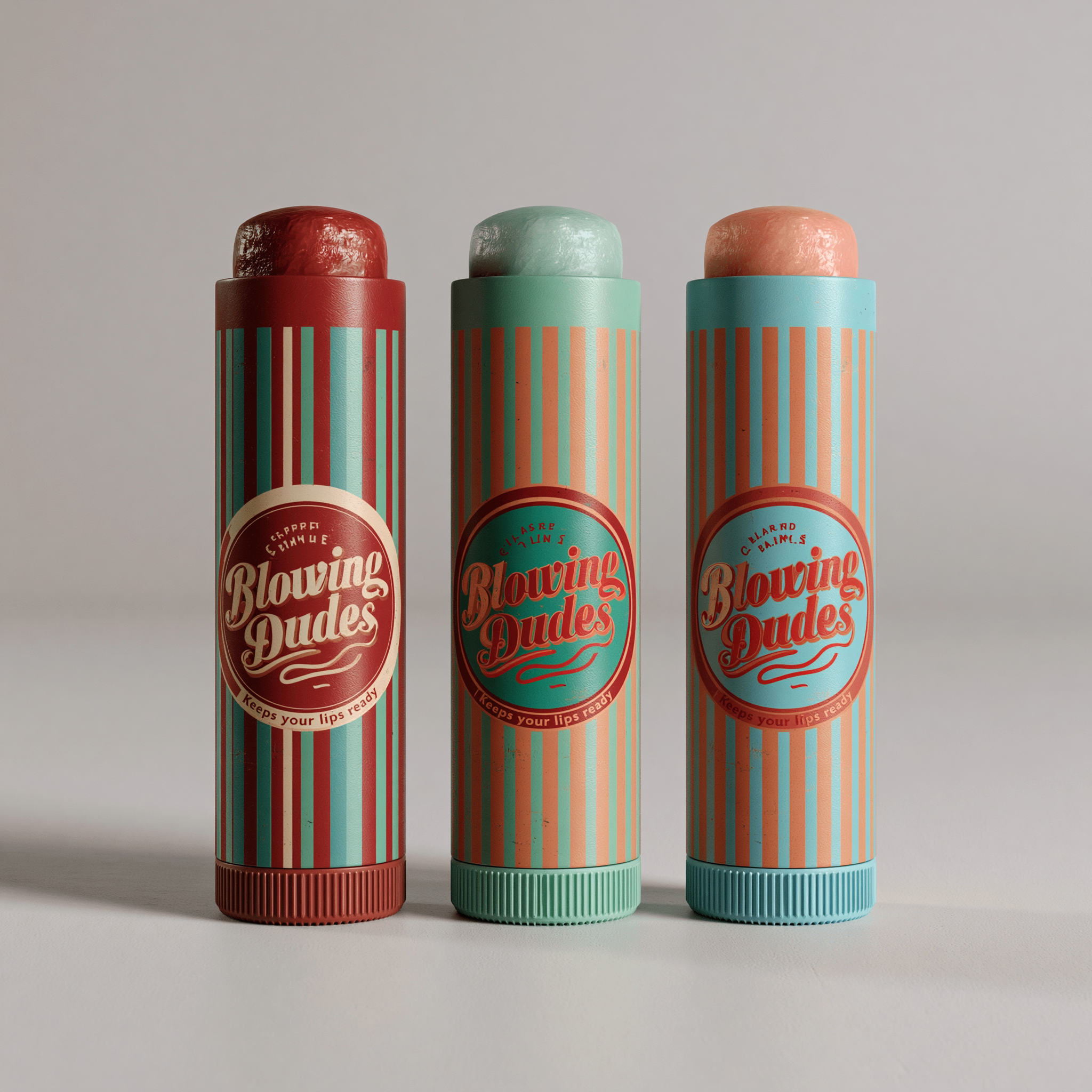 Three Blowing Dudes lip balm tubes in Cherry, Mint and Dude